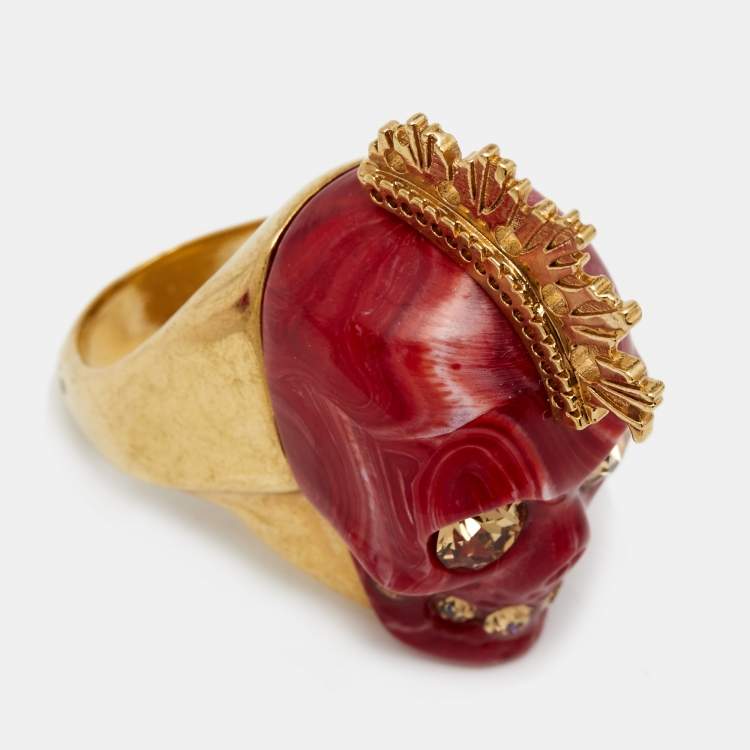 Pre Owned Alexander McQueen Punk Skull Plexi Marbled Resin Crystals Gold Tone Ring Size 53
