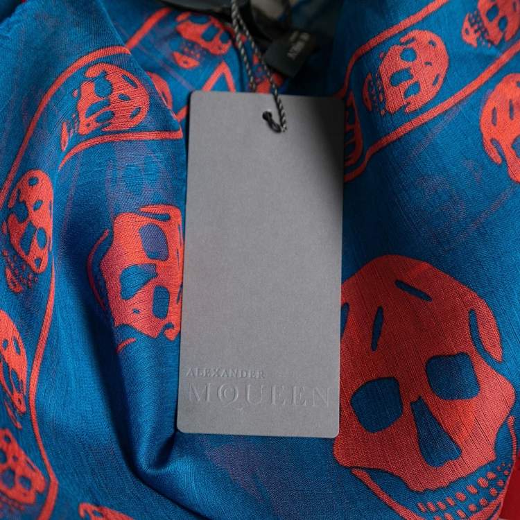 Pre Owned Alexander McQueen Royal Blue & Red Skull Silk Chiffon Scarf
