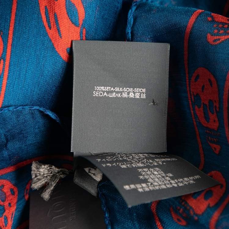 Pre Owned Alexander McQueen Royal Blue & Red Skull Silk Chiffon Scarf
