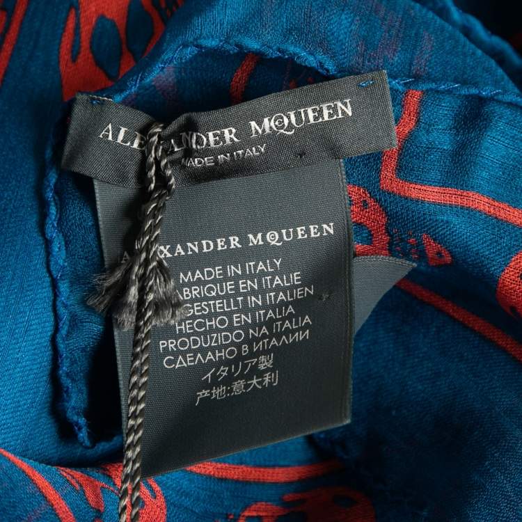 Pre Owned Alexander McQueen Royal Blue & Red Skull Silk Chiffon Scarf