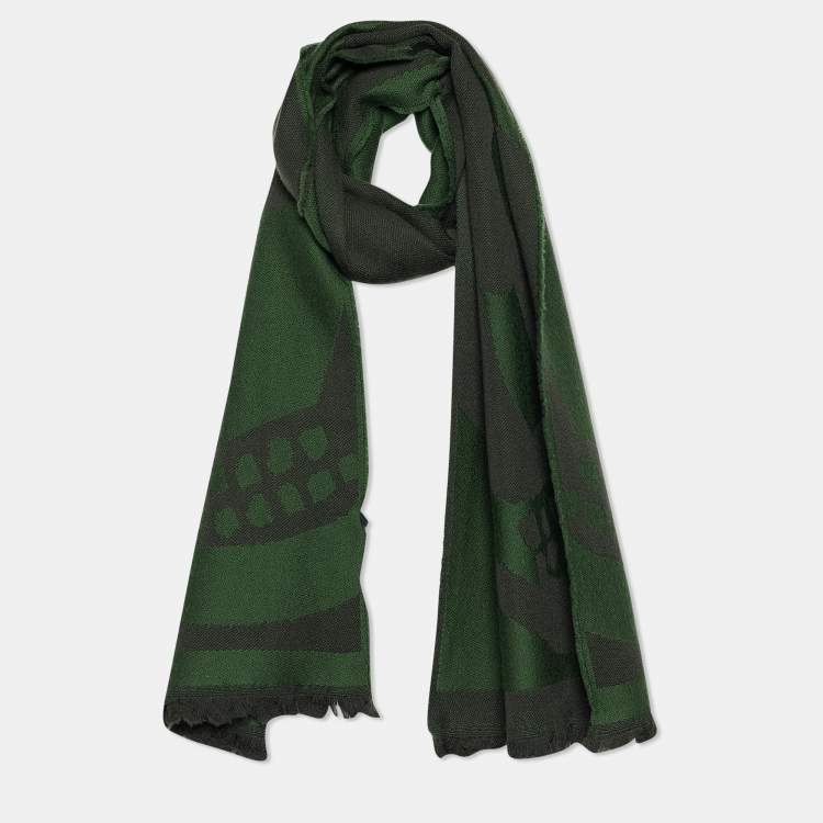 Pre Owned Alexander McQueen Green & Grey Scull Jacquard Wool Stole