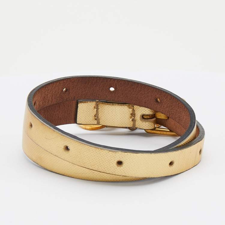 Pre Owned Alexander Mcqueen Gold Leather Crystal Skull Charm Double Wrap Bracelet