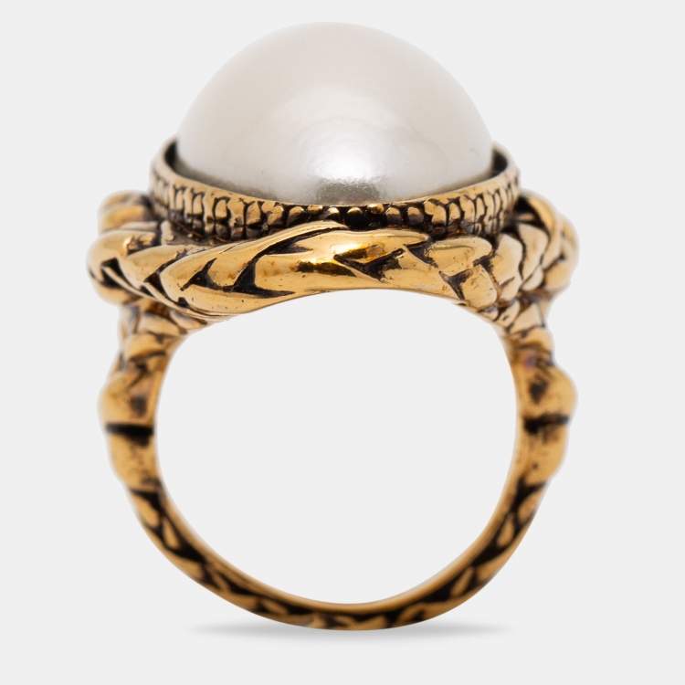 Pre Owned Alexander McQueen Aged Gold Tone Faux Pearl Cocktail Ring Size EU 55
