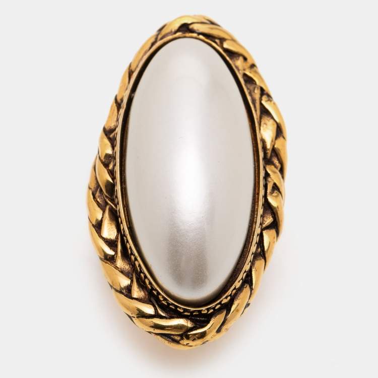 Pre Owned Alexander McQueen Aged Gold Tone Faux Pearl Cocktail Ring Size EU 55