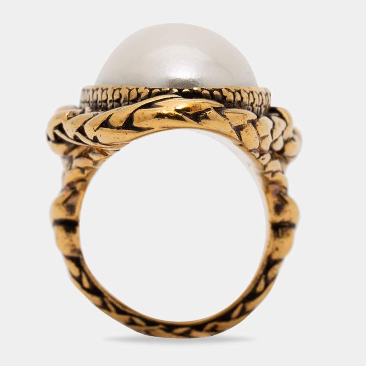 Pre Owned Alexander McQueen Aged Gold Tone Faux Pearl Cocktail Ring Size EU 55