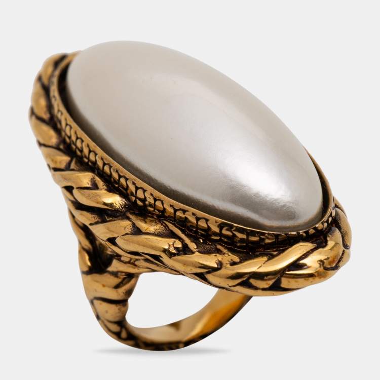 Pre Owned Alexander McQueen Aged Gold Tone Faux Pearl Cocktail Ring Size EU 55