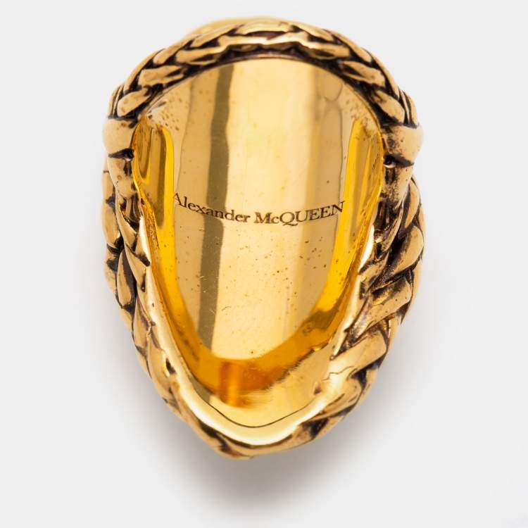Pre Owned Alexander McQueen Aged Gold Tone Faux Pearl Cocktail Ring Size EU 55