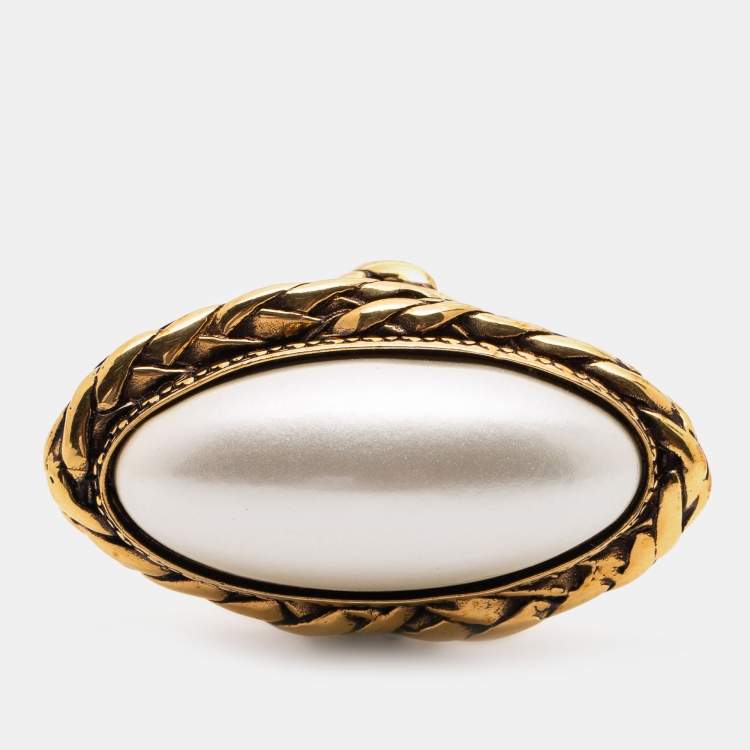 Pre Owned Alexander McQueen Aged Gold Tone Faux Pearl Cocktail Ring Size EU 55