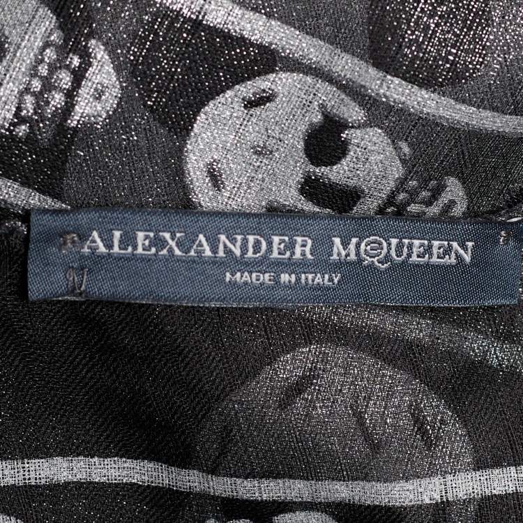 Pre Owned Alexander McQueen Black Skull Printed Lurex Silk Scarf