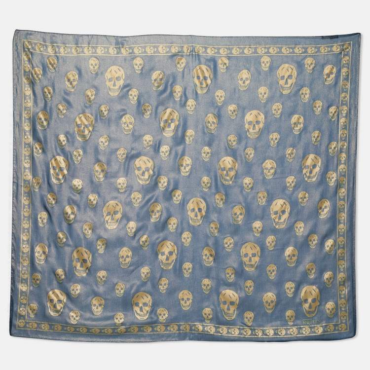 Pre Owned Alexander McQueen Teal Blue Skull Printed Lurex Silk Scarf