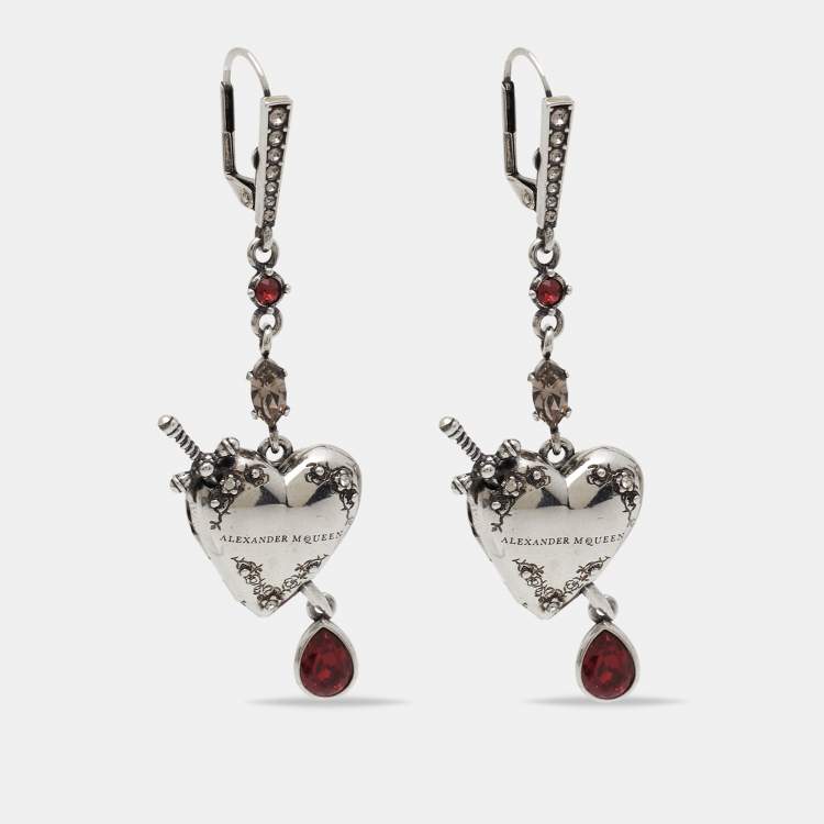 مملوكة مسبقًا Alexander McQueen Heart Dagger Crystals Silver Tone Long Earrings