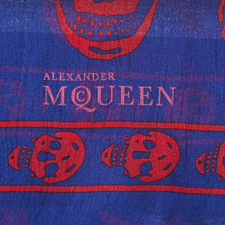 Pre Owned Alexander McQueen Royal Blue & Red Skull Silk Chiffon Scarf
