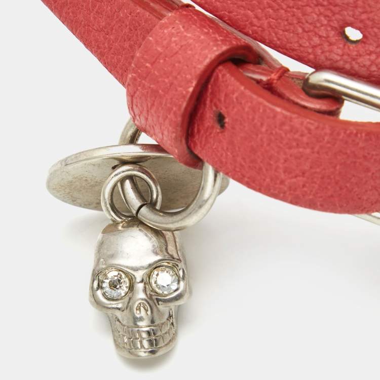 Pre Owned Alexander McQueen Red Leather Silver Tone Double Wrap Skull Charm Bracelet
