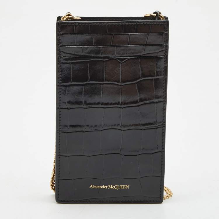 Pre Owned Alexander McQueen Black Croc Embossed Glossy Leather Skull Plaque Chain Phone Case 