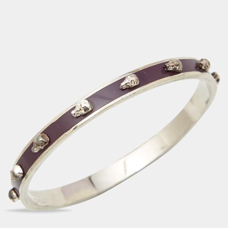 Pre Owned Alexander McQueen Enamel Skull Silver Tone Bangle Bracelet