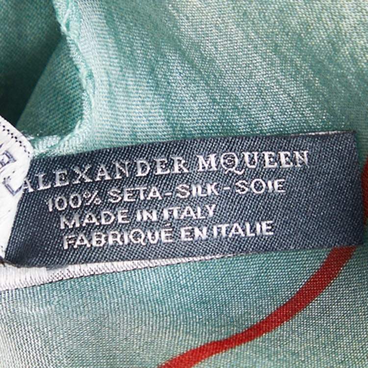 Pre Owned Alexander McQueen Pastel Green Skull & Floral Printed Silk Square Scarf