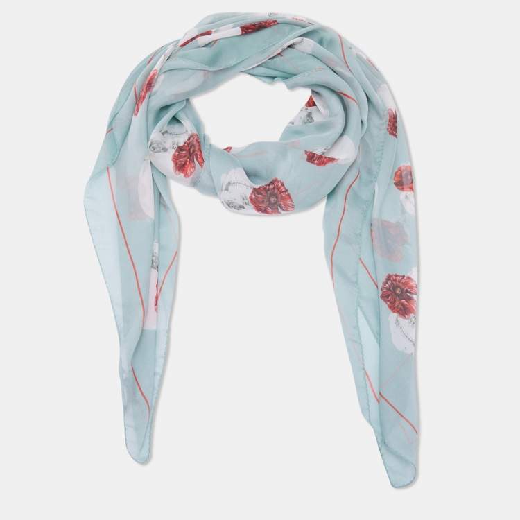 Pre Owned Alexander McQueen Pastel Green Skull & Floral Printed Silk Square Scarf