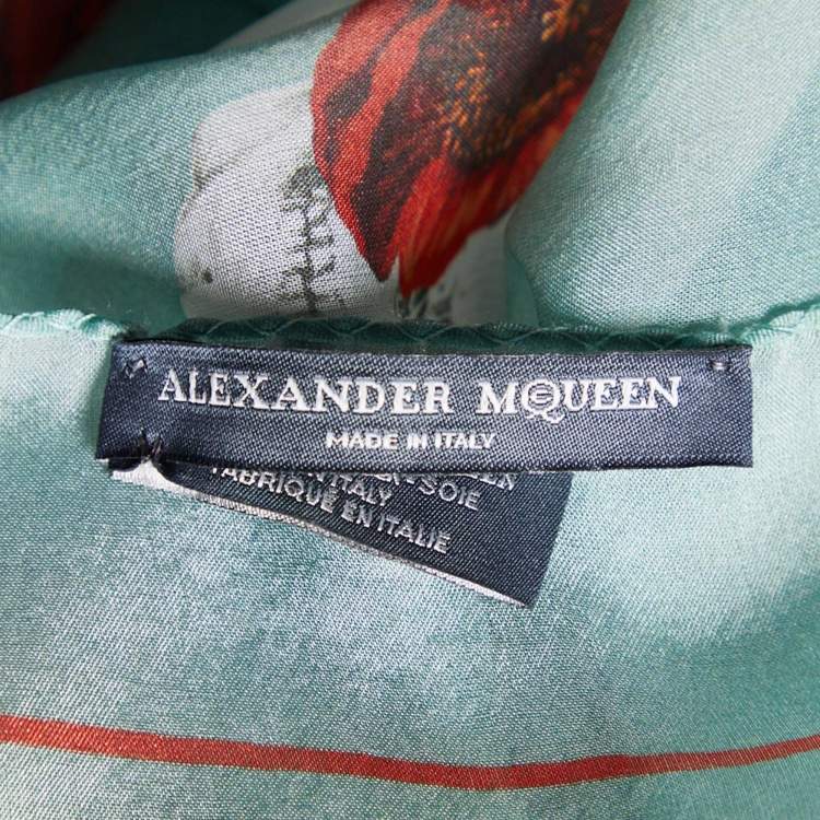 Pre Owned Alexander McQueen Pastel Green Skull & Floral Printed Silk Square Scarf
