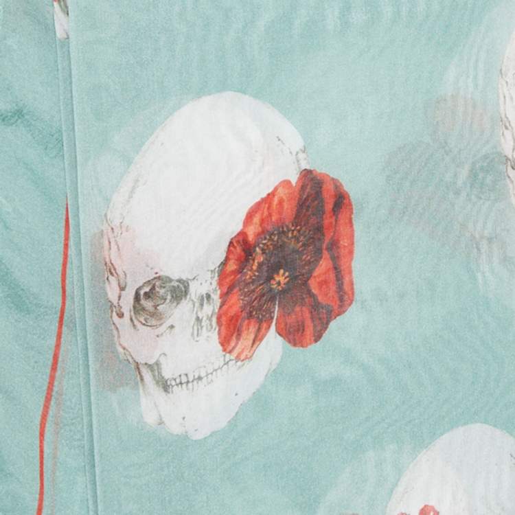 Pre Owned Alexander McQueen Pastel Green Skull & Floral Printed Silk Square Scarf