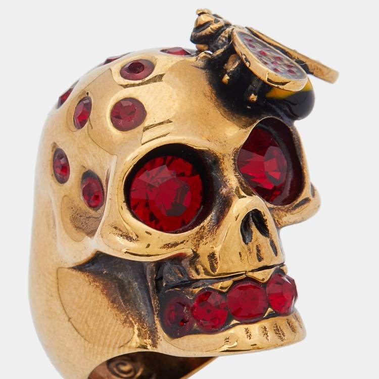 Pre Owned Alexander McQueen Gold Tone Bee & Skull Ring Size 51