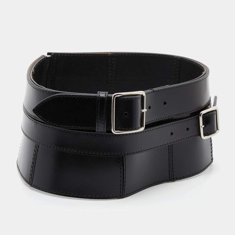 Pre Owned Alexander McQueen Black Leather Wide Waist Belt 38