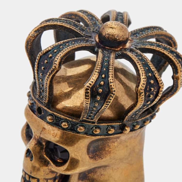Pre Owned Alexander McQueen Gold Tone Crystal Eye Skull & Crown Ring Size 54