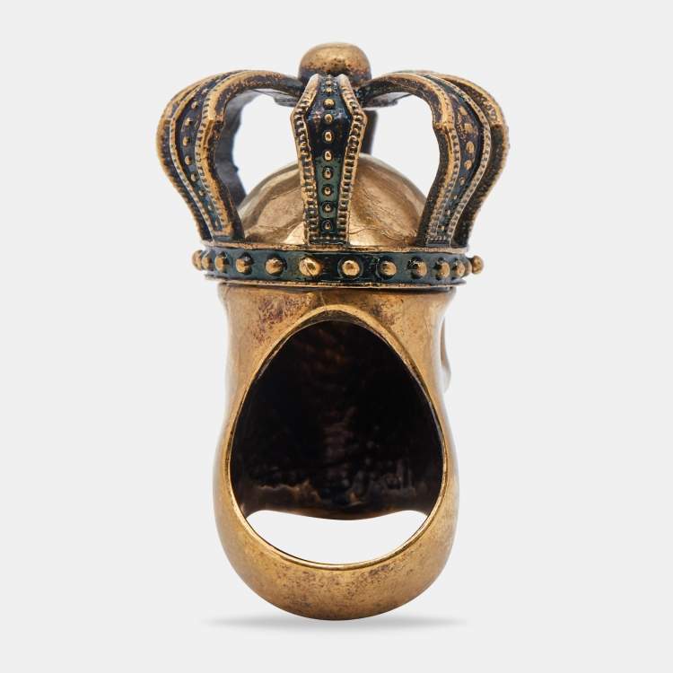 Pre Owned Alexander McQueen Gold Tone Crystal Eye Skull & Crown Ring Size 54