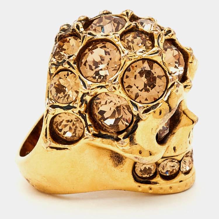 Pre Owned Alexander McQueen Skull Crystals Gold Tone Ring Size 55 