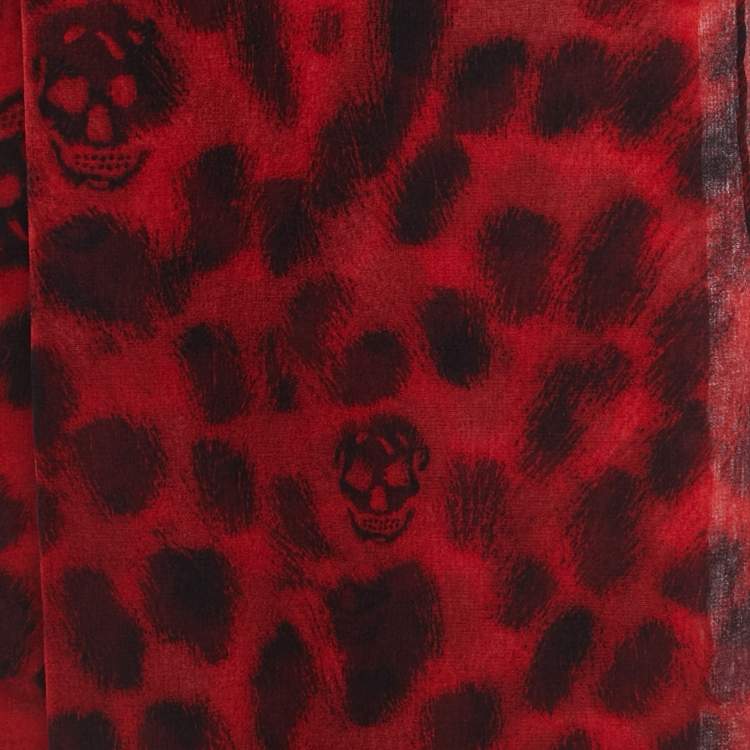 Pre Owned Alexander McQueen Red Animal & Skull Printed Silk Square Scarf