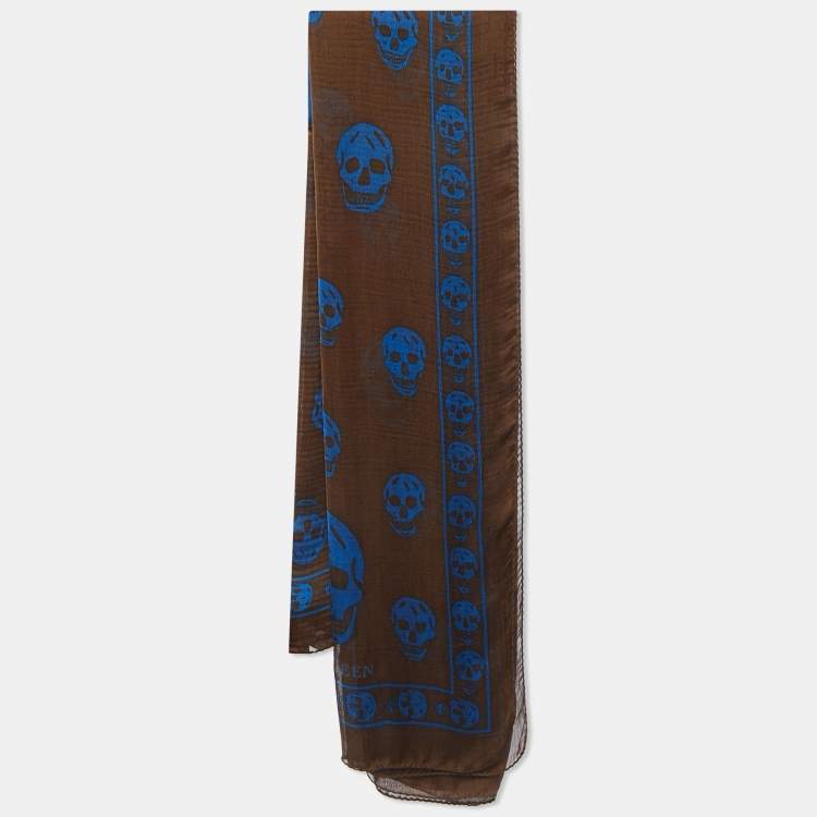 Pre Owned Alexander McQueen Brown Skull Print Silk Chiffon Scarf