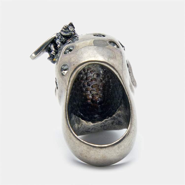 Pre Owned Alexander McQueen Bee Crystal Studded Skull Silver Tone Ring Size 51