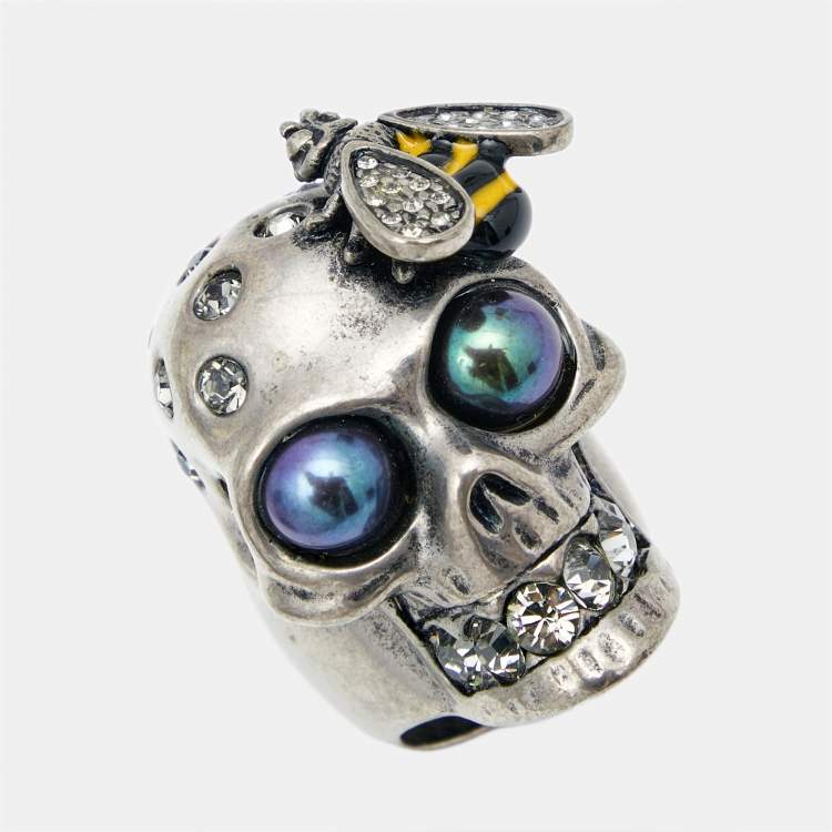Pre Owned Alexander McQueen Bee Crystal Studded Skull Silver Tone Ring Size 51