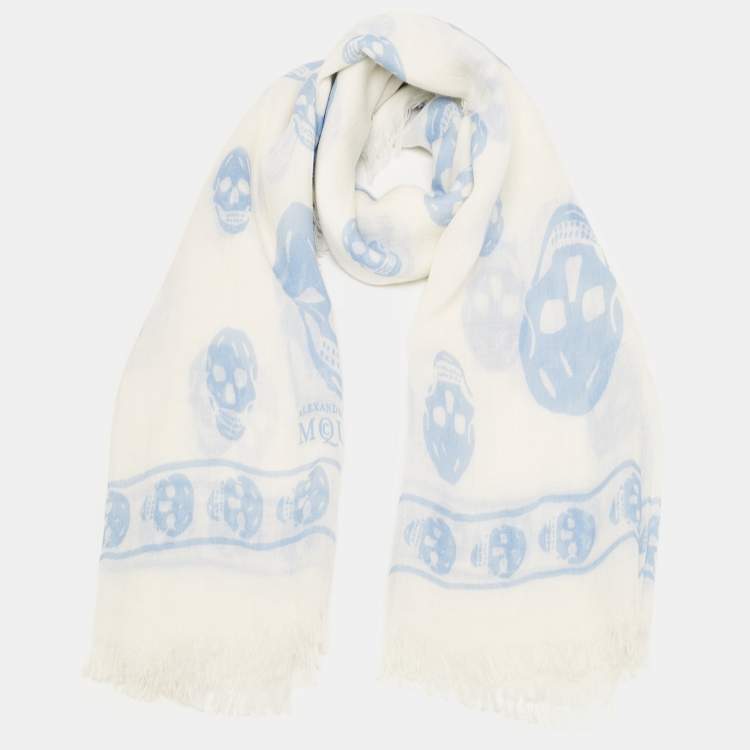 Pre Owned Alexander McQueen White Skull Print Modal and Cashmere Fringed Scarf
