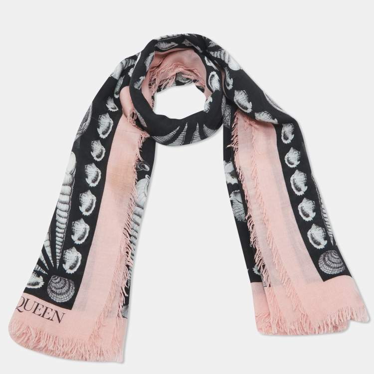Pre Owned Alexander McQueen Black/Pink Sea Shells Print Modal and Silk Scarf