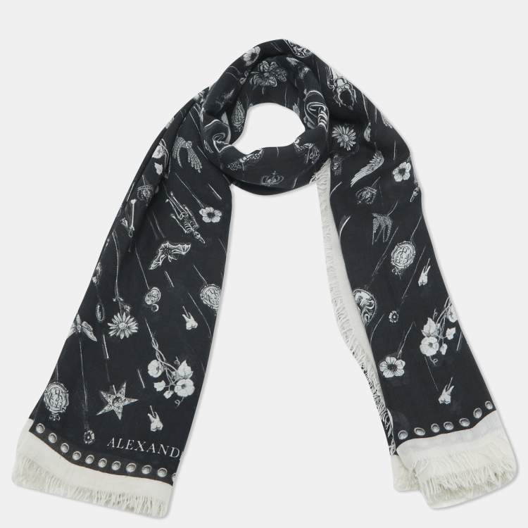 Pre Owned Alexander McQueen Black Butterfly Skull Print Modal and Wool Scarf