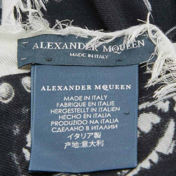 Pre Owned Alexander McQueen Black Butterfly Skull Print Modal and Wool Scarf