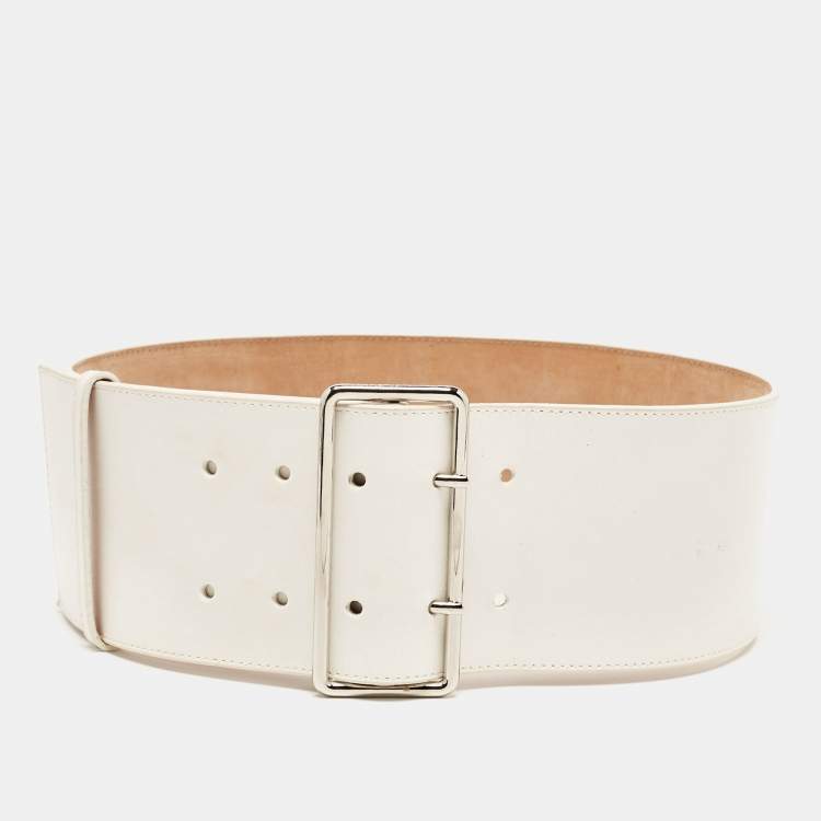 Pre Owned Alexander McQueen White Leather Wide Buckle Belt 75CM