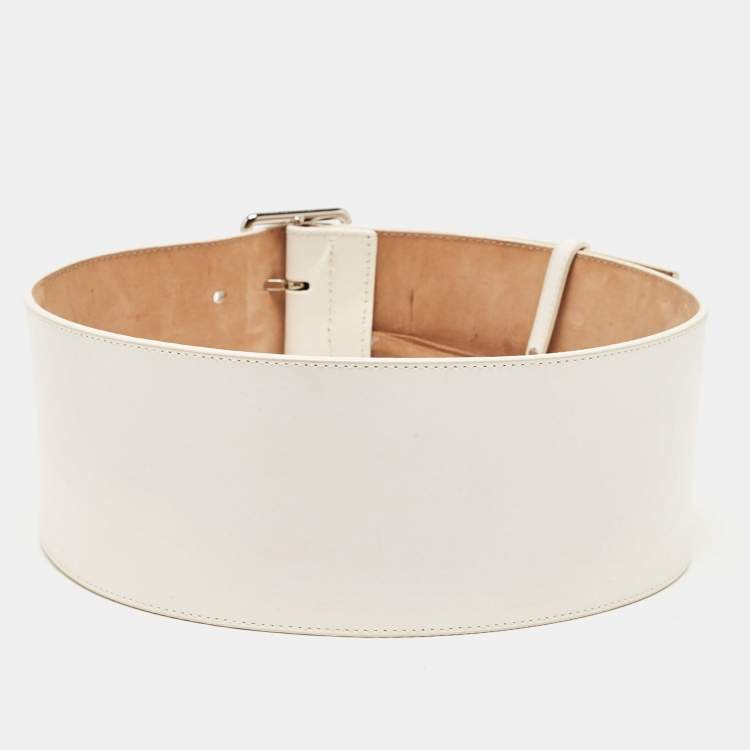 Pre Owned Alexander McQueen White Leather Wide Buckle Belt 75CM