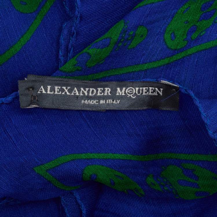 Pre Owned Alexander McQueen Blue Skull Print Silk Scarf