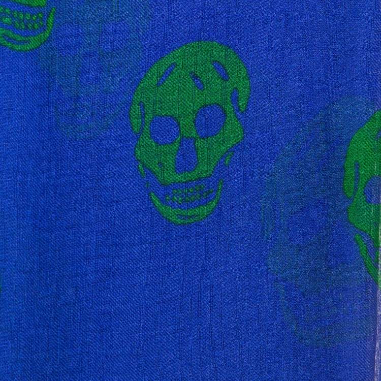 Pre Owned Alexander McQueen Blue Skull Print Silk Scarf