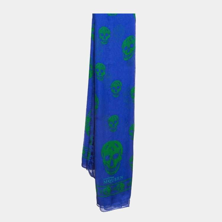 Pre Owned Alexander McQueen Blue Skull Print Silk Scarf