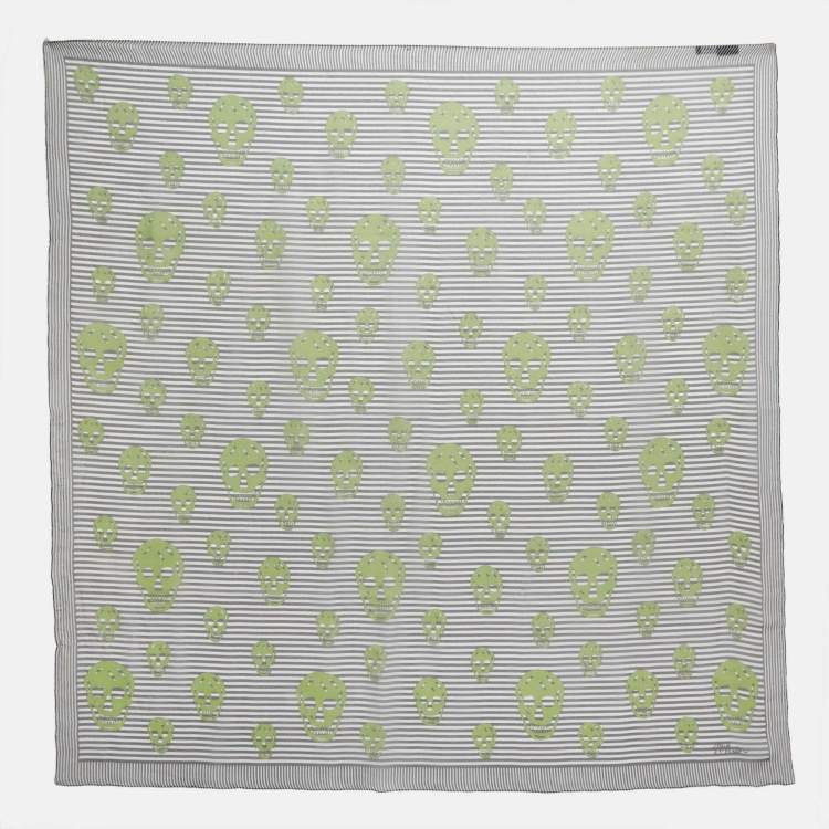 Pre Owned Alexander McQueen Black/White Striped Skull Print Silk Scarf