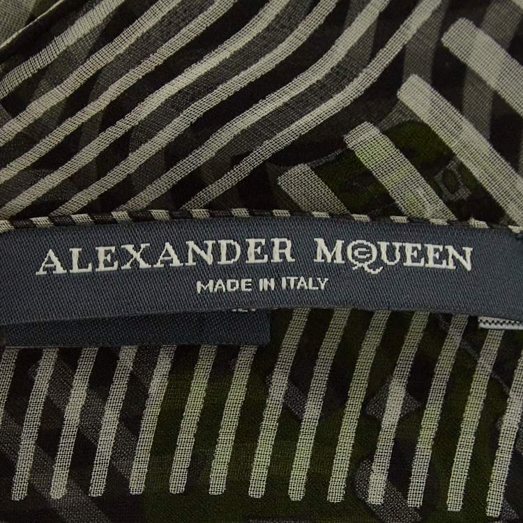 Pre Owned Alexander McQueen Black/White Striped Skull Print Silk Scarf