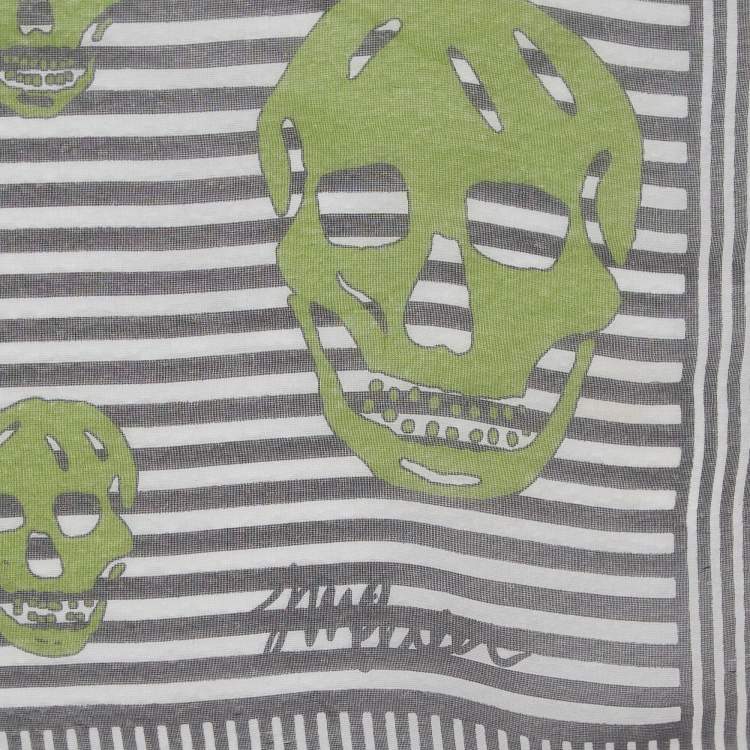 Pre Owned Alexander McQueen Black/White Striped Skull Print Silk Scarf