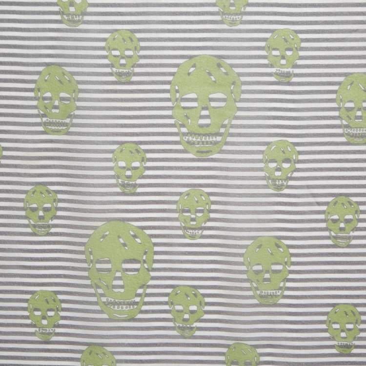 Pre Owned Alexander McQueen Black/White Striped Skull Print Silk Scarf