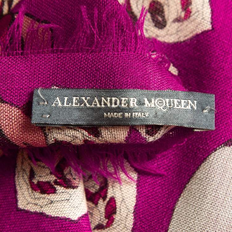 Pre Owned Alexander McQueen Purple Skull Print Wool Blend Fringed Scarf
