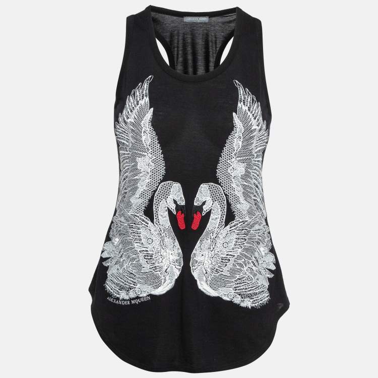 Pre Owned Alexander McQueen Black Swan Embroidered Cotton Tank Top S