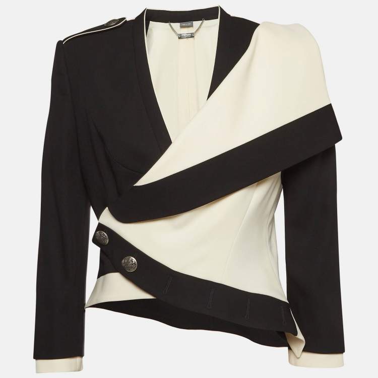 Pre Owned Alexander McQueen Black/White Wool Blend Asymmetric Blazer M