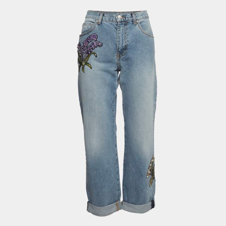 Pre Owned Alexander McQueen Blue Embroidered Floral Denim Boyfriend Jeans S Waist 28"