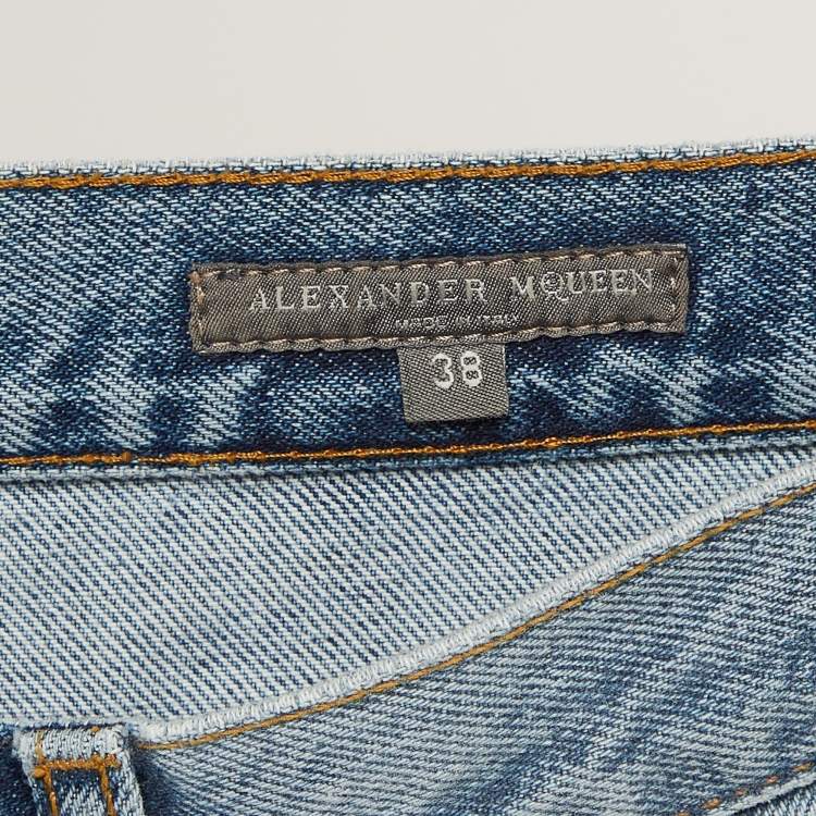 Pre Owned Alexander McQueen Blue Embroidered Floral Denim Boyfriend Jeans S Waist 28"